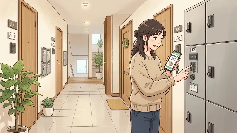 Amazon宅配ボックスの番号をスマホで確認する女性のアニメイラスト