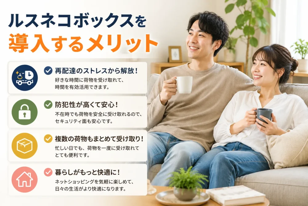 ルスネコボックス導入のメリットをイメージし、自宅のリビングでくつろぎながら快適な暮らしを楽しむ男女