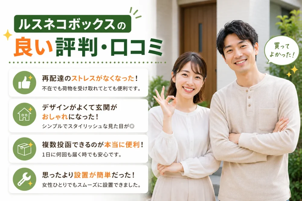 ルスネコボックスの良い評判や口コミをもとに、再配達のストレス軽減や使いやすさに満足する男女のイメージ