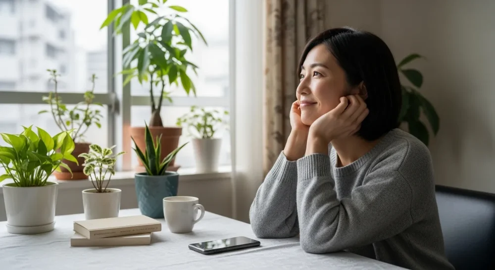 デジタルデトックスで心に余裕が生まれ穏やかに過ごす女性のイメージ