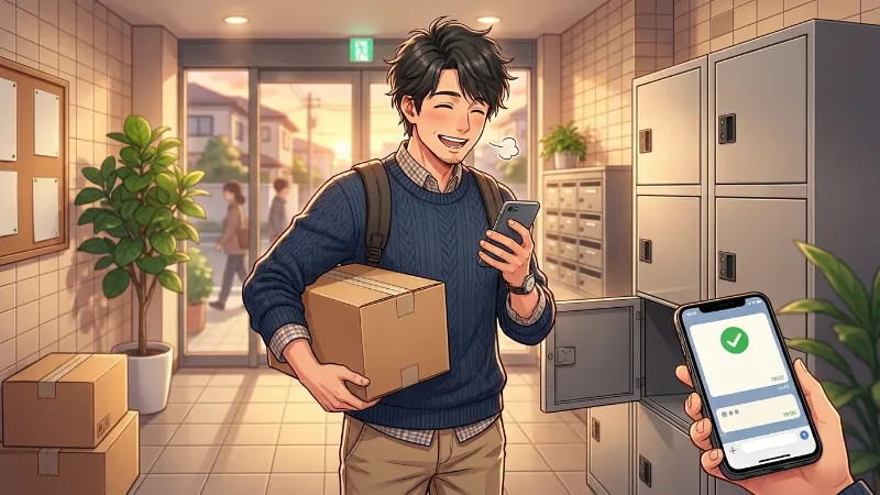 宅配ボックスから荷物を受け取りスマホを見ながら安心した表情を見せる男性