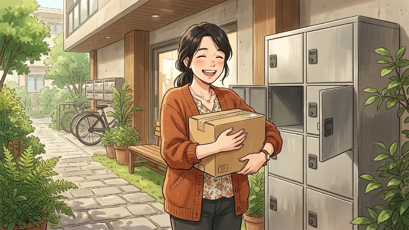 宅配ボックスから荷物を受け取り安心する女性のアニメイラスト