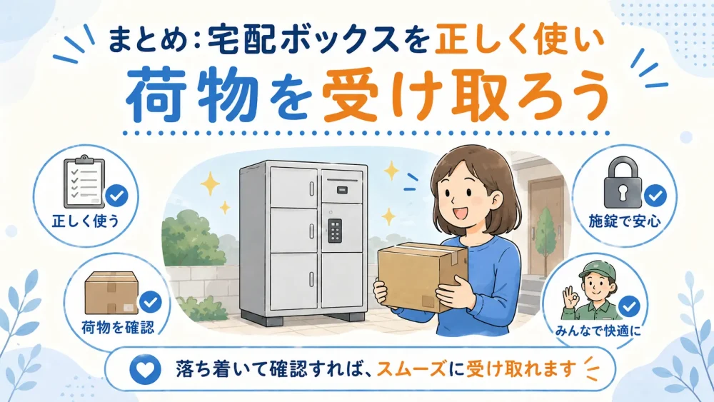 宅配ボックスを正しく使って荷物をスムーズに受け取る女性のイメージ図