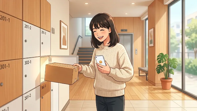 宅配ボックスから荷物を受け取り安心して笑顔になる女性のイラスト