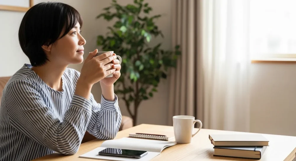 デジタルデトックスで心を落ち着けてリラックスする女性のイメージ