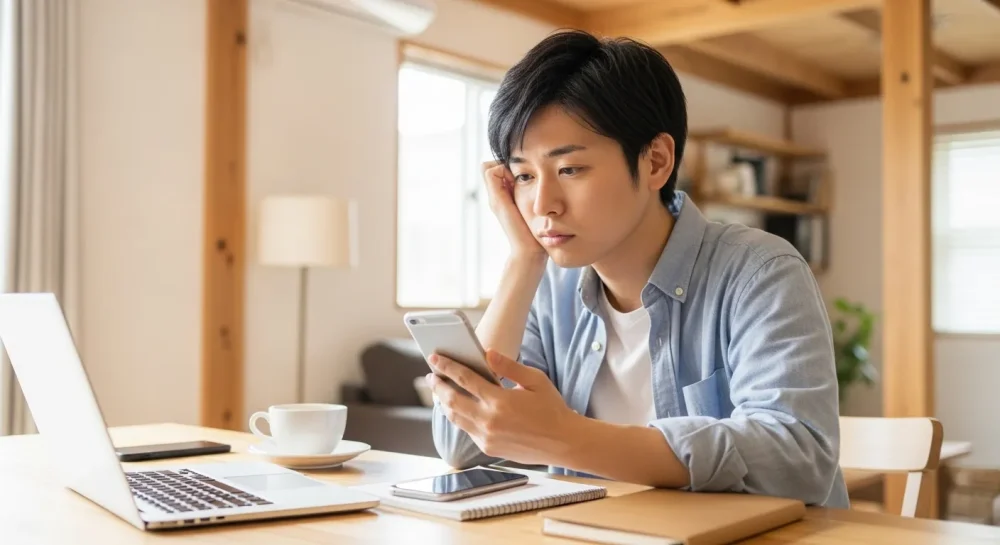 スマホを見続けて疲れた表情を浮かべる男性のデジタル疲れイメージ