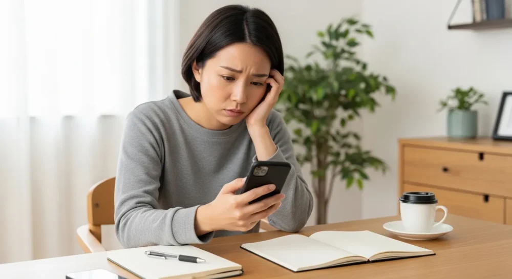 スマホの使いすぎに悩みデジタルデトックスについて考える女性のイメージ