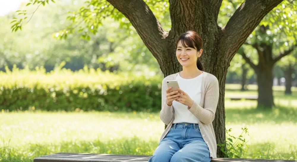 デジタルデトックス後に公園でリフレッシュした笑顔の女性のイメージ