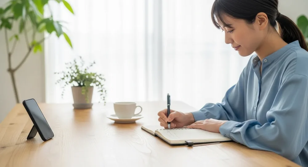 デジタルデトックスの計画をノートに書き出して実践する女性のイメージ