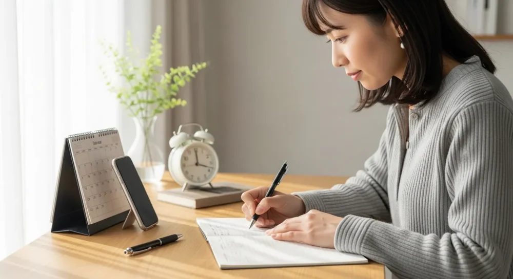 デジタルデトックスは何日が最適か5つの推奨期間を計画する女性のイメージ