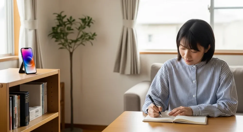 スマホを離れた場所に置いてデジタルデトックスを継続する女性のイメージ