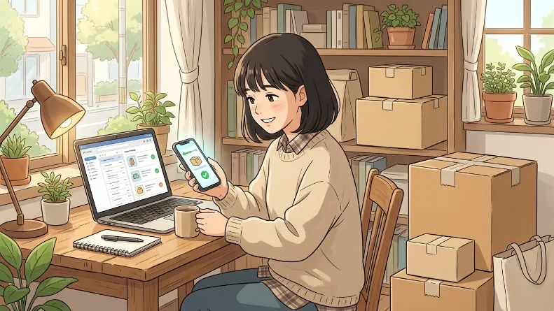 自宅でスマホとパソコンを使い荷物の配送状況を確認する女性のイラスト