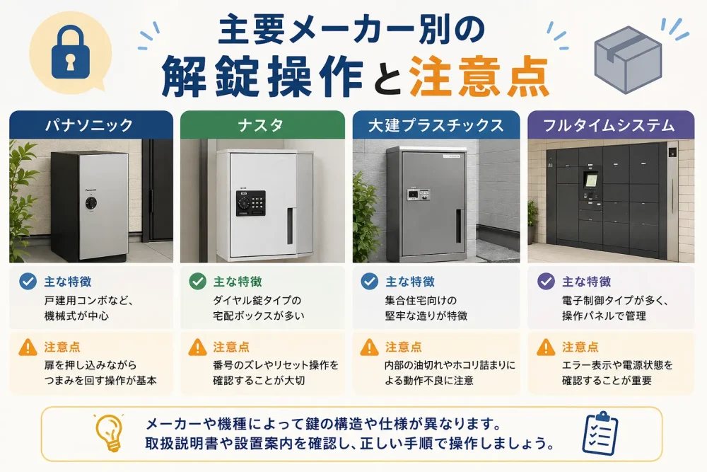 宅配ボックスの主要メーカー別に特徴や注意点を比較したイメージ図