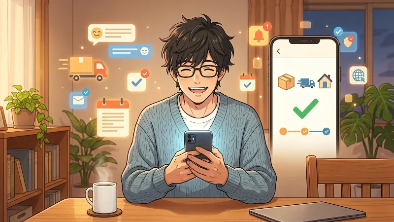 スマホで宅配ボックスの配達通知や受取状況を確認して安心する男性
