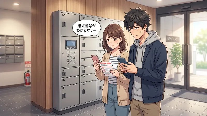 宅配ボックスの前で不在票とスマホを見ながら暗証番号がわからず困っている男女