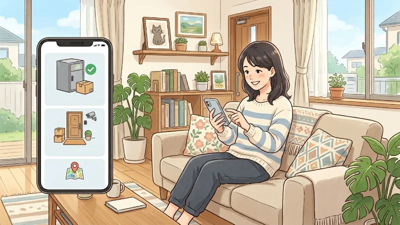 宅配トラブル防止のため受け取り設定を確認する女性のアニメイラスト