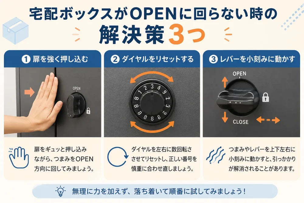 宅配ボックスがOPENに回らない時の3つの解決策を説明する図解