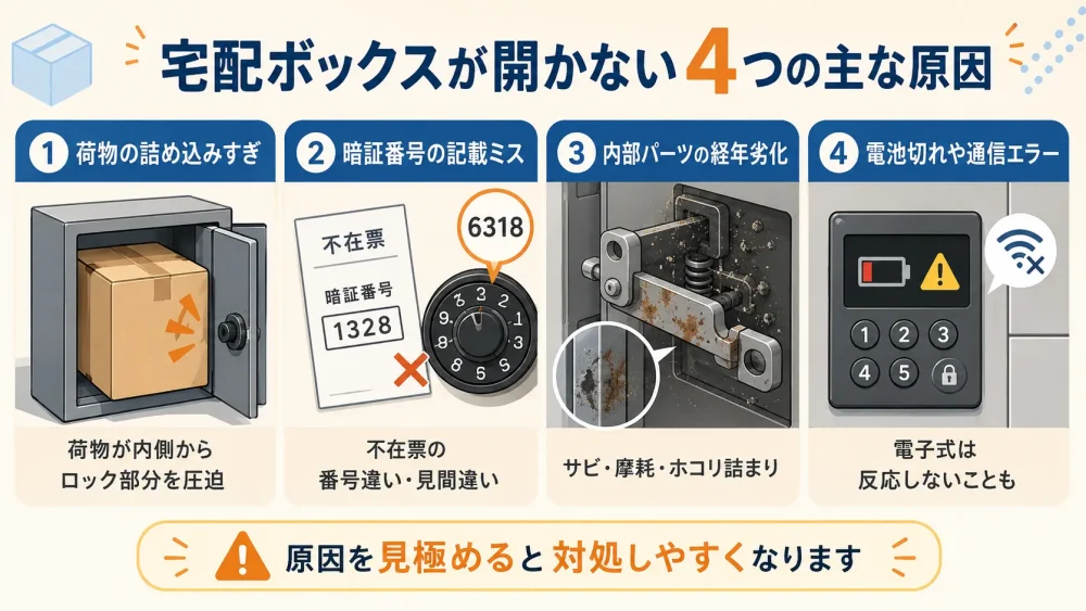 宅配ボックスが開かない原因として荷物の詰め込みすぎや暗証番号ミスなどを示す図解