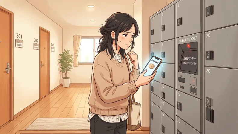 宅配ボックスの前で暗証番号が分からずスマホを見ながら困る女性のイラスト