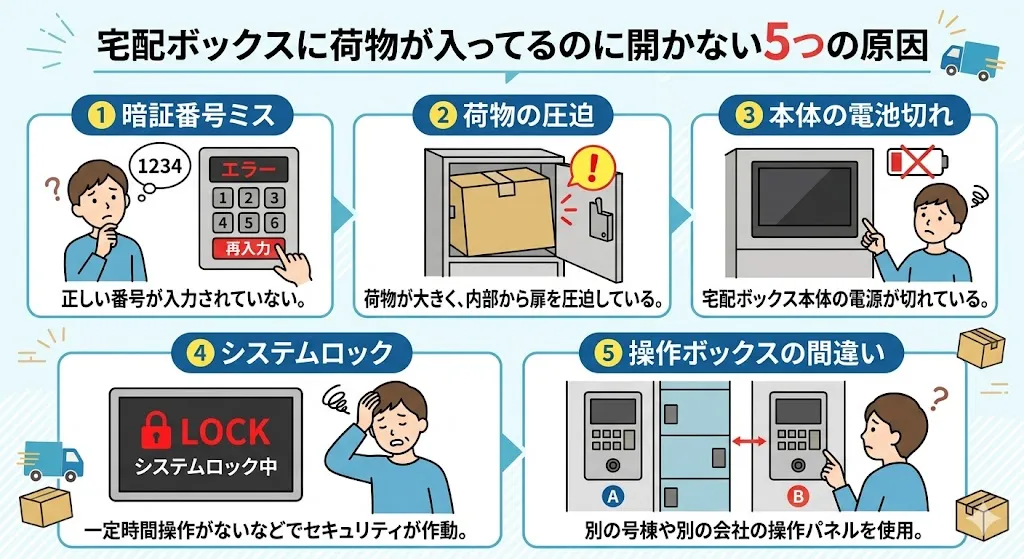 宅配ボックスに荷物が入っているのに開かない5つの原因をまとめた図解イラスト