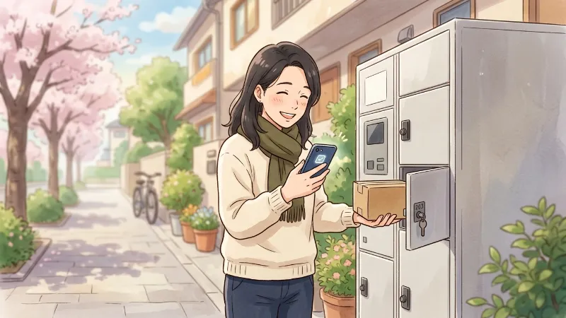 宅配ボックスの疑問を解決して安心する女性のアニメイラスト