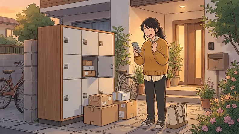 宅配ボックスの前でスマホを見ながら暗証番号を確認して安心する女性のイラスト