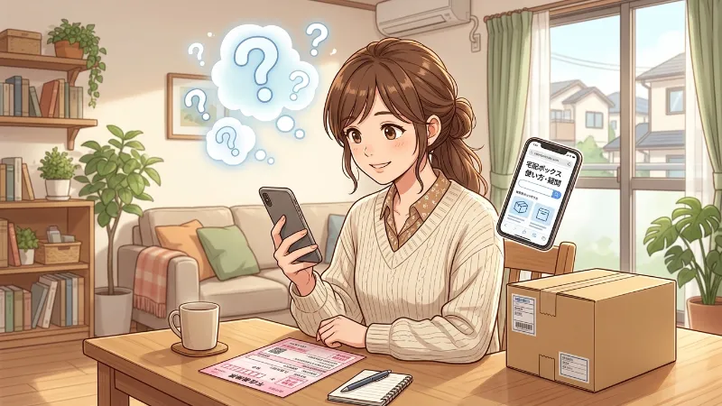 宅配ボックスの暗証番号がわからずスマホで調べながら疑問を解決しようとする女性