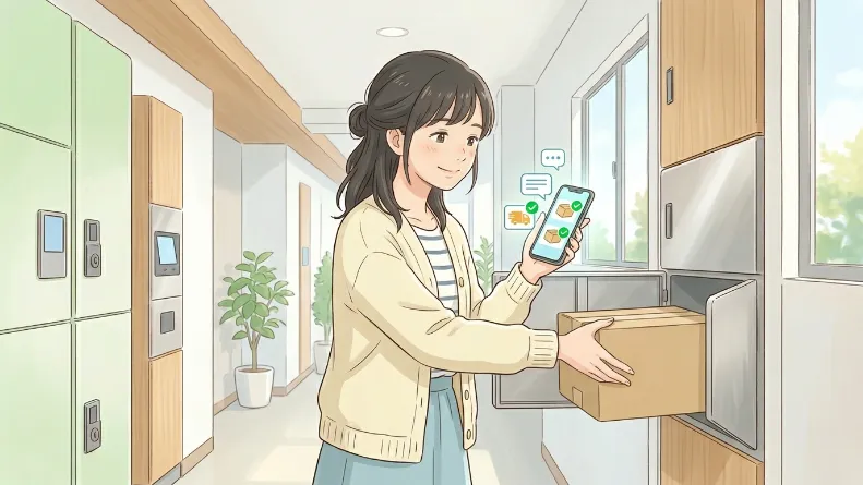 スマホ通知を確認しながら宅配ボックスから荷物を受け取る女性のイラスト
