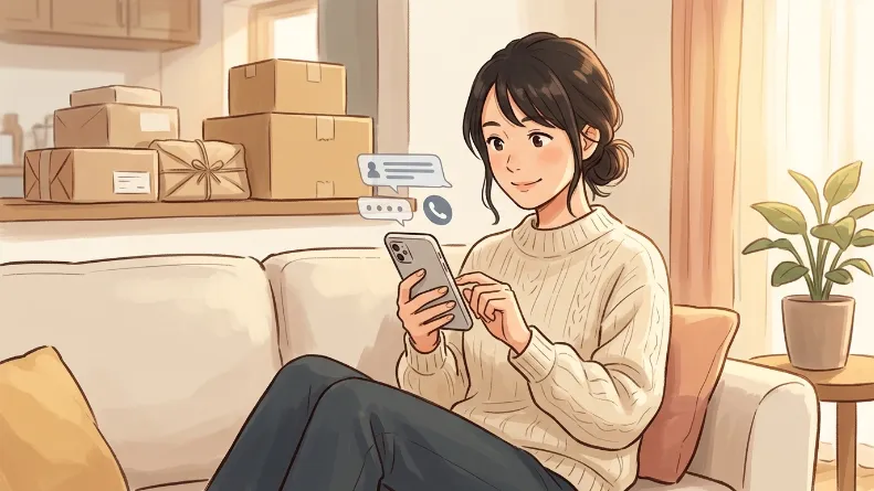 スマホで配送業者へ問い合わせをしている女性のイラスト