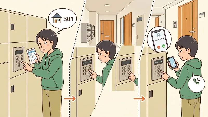 宅配ボックスの暗証番号を部屋番号や電話番号下4桁などで確認する方法を試す男性