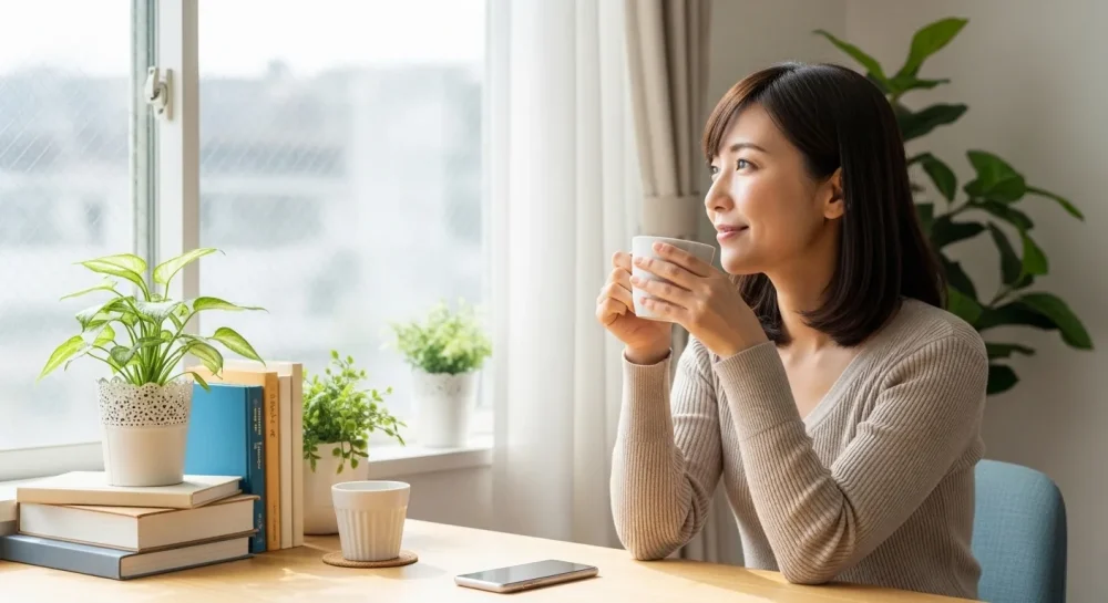 デジタルデトックスの効果で心に余裕が生まれリラックスする女性のイメージ