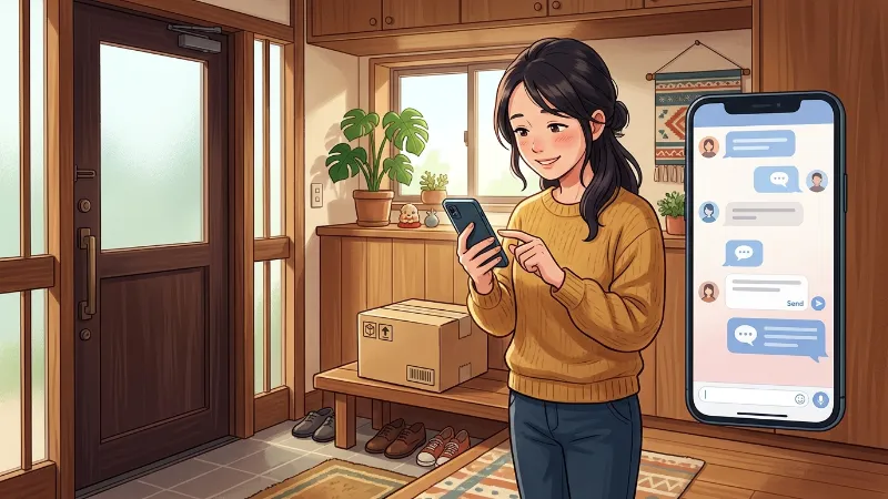 宅配ボックスの番号がわからずスマホで問い合わせる女性のアニメイラスト