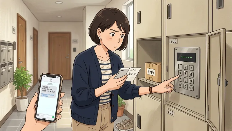 宅配ボックスの暗証番号がわからず確認する女性のアニメイラスト
