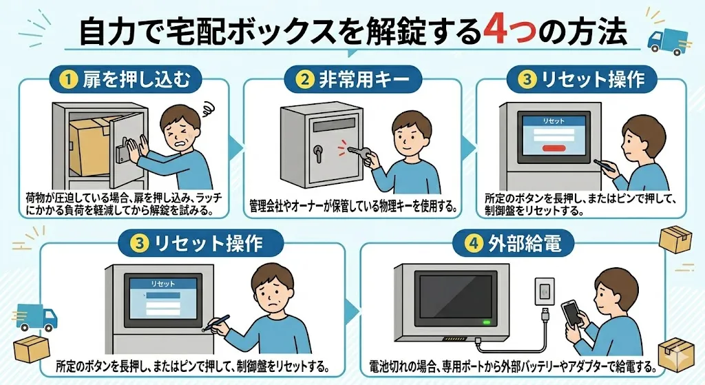 宅配ボックスが開かないときに自力で解錠する4つの方法を図解したイラスト