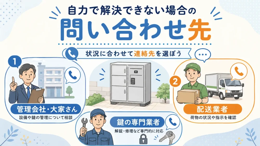 宅配ボックスが開かない時に管理会社や配送業者や鍵業者へ問い合わせる流れの図解