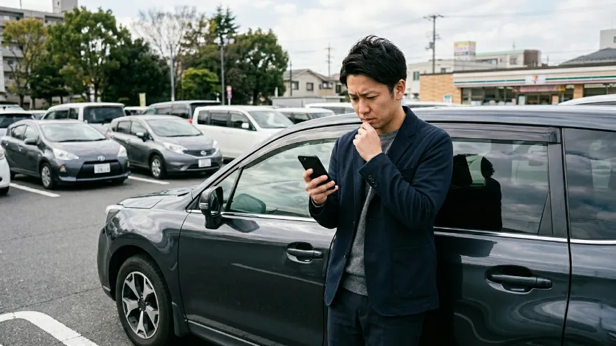 車の横でスマートフォンを見ながら依頼先を検討する日本人男性