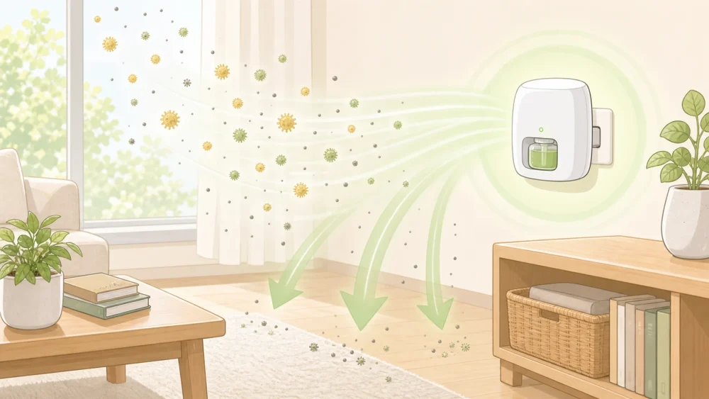 House dust and pollen particles settling down illustration