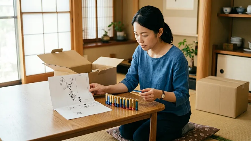 宅配ボックス用の乾電池を説明書と見比べて選ぶ日本人女性