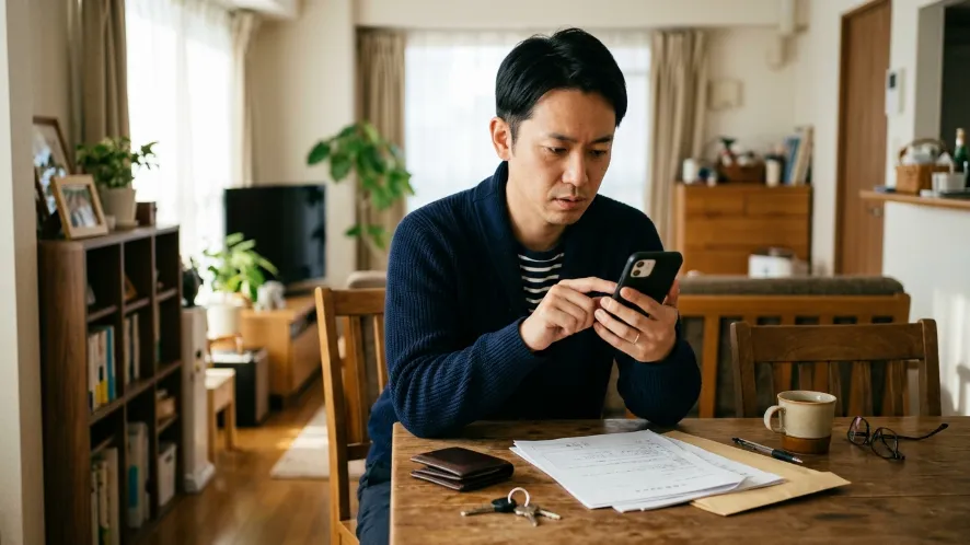 鍵屋の高額請求トラブル後に室内でスマートフォンを使って相談先を確認する男性