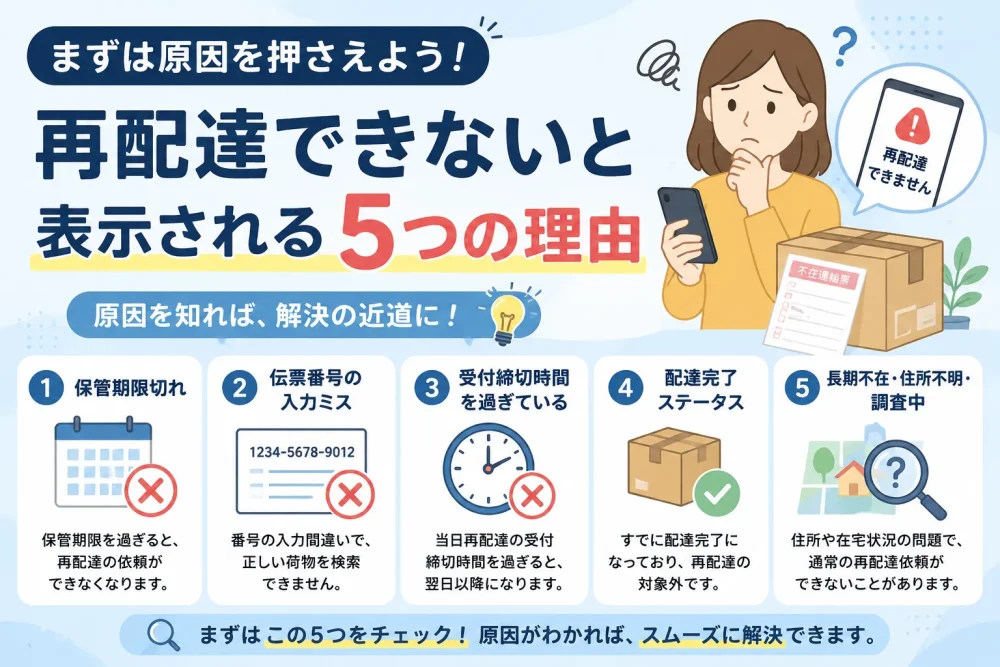 再配達できないと表示される5つの理由を確認する図解