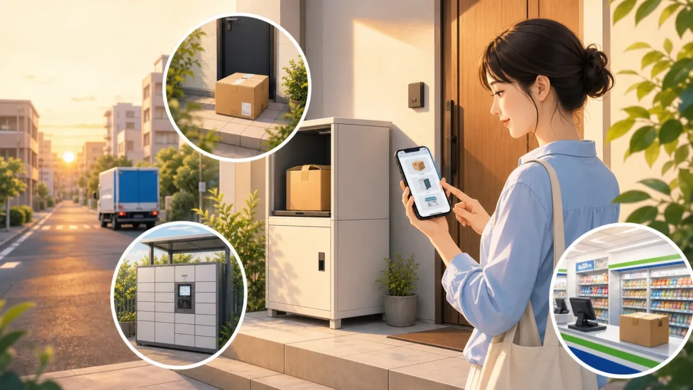 宅配ボックスやコンビニ受取を選んで荷物を受け取る一人暮らしのイメージ