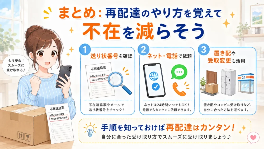 送り状番号の確認や再配達依頼、置き配活用で不在時の受け取りをスムーズにするまとめ図解