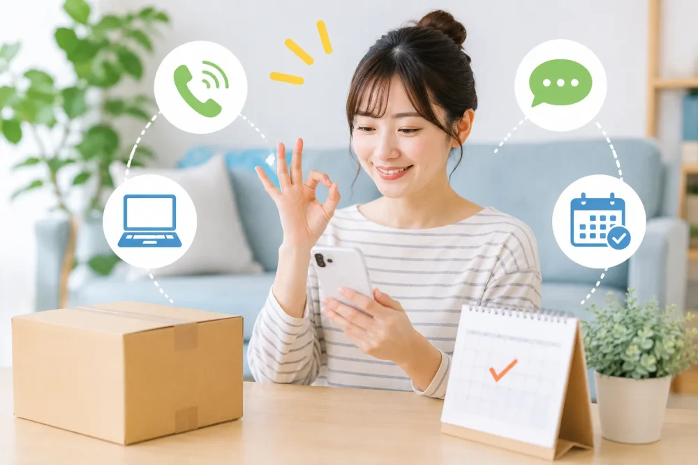 スマホで再配達依頼を済ませて安心している女性と荷物のイメージ