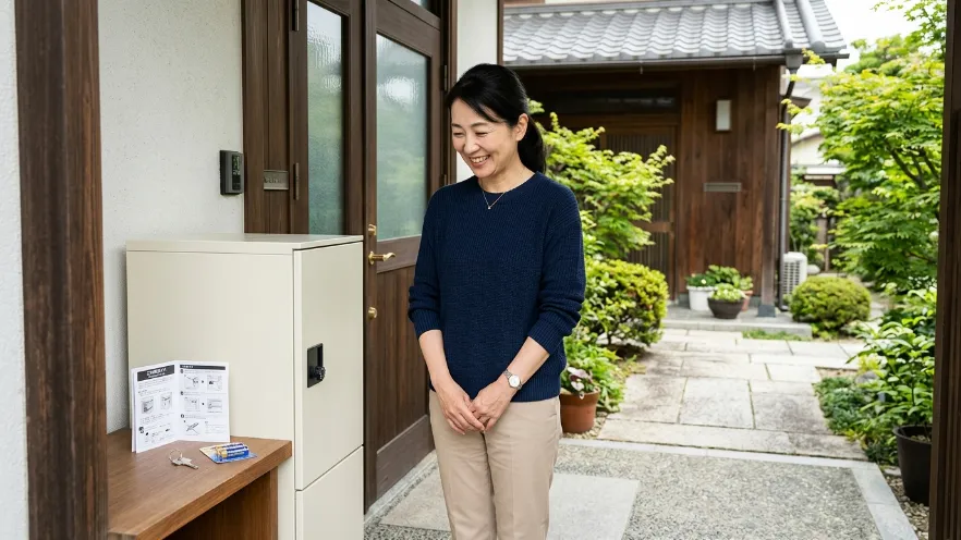 宅配ボックスの前で非常用キーと乾電池を準備して安心する日本人女性