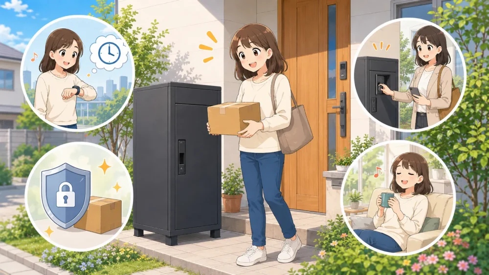 宅配ボックスで荷物を受け取り快適な生活を送る女性のイラスト