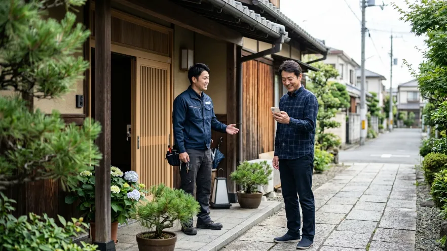 鍵トラブルが解決して安心した表情の日本人男性