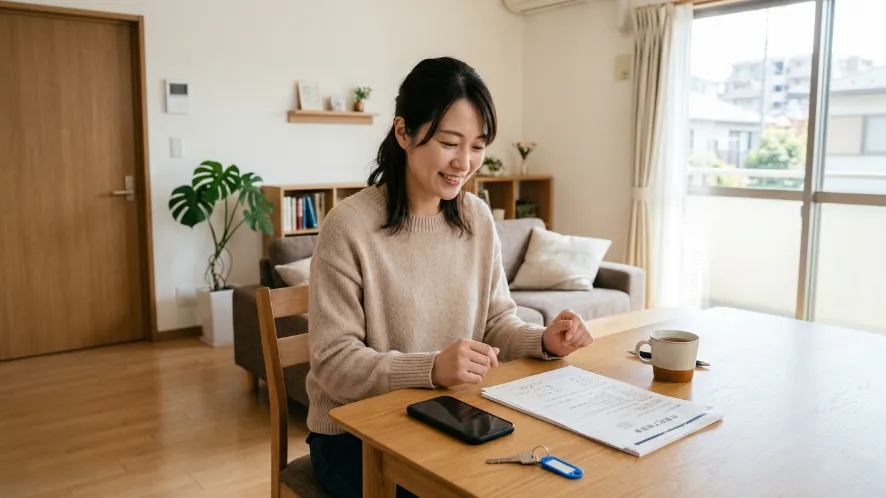 鍵紛失の対応を終えて室内で安心した表情を見せる日本人女性