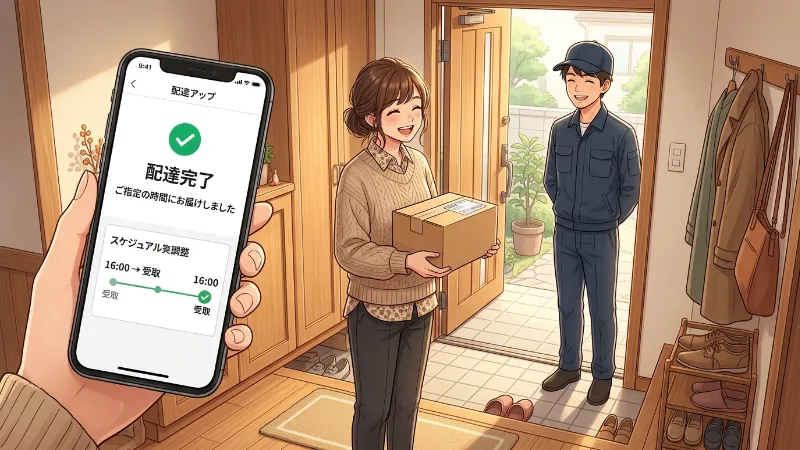 スマホで配達日時を確認し受け取り準備をする女性のイメージ