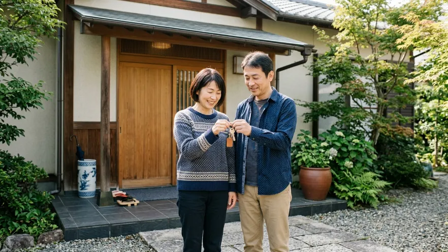 玄関前で鍵を手に安心した表情を見せる日本人男女