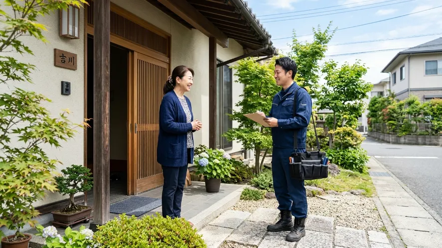 住宅の玄関前で鍵屋の作業員と安心して話す女性の様子